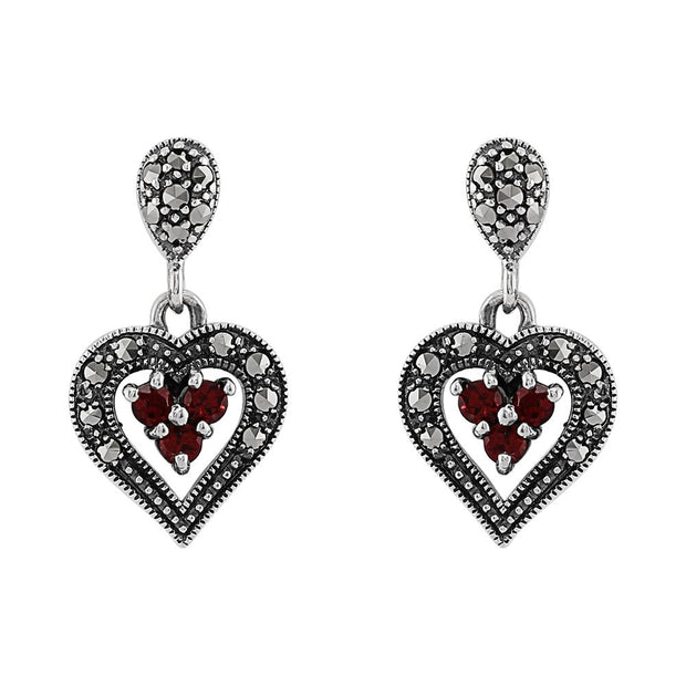 Orecchini a cuore tondi in argento 925 con granato e marcasite