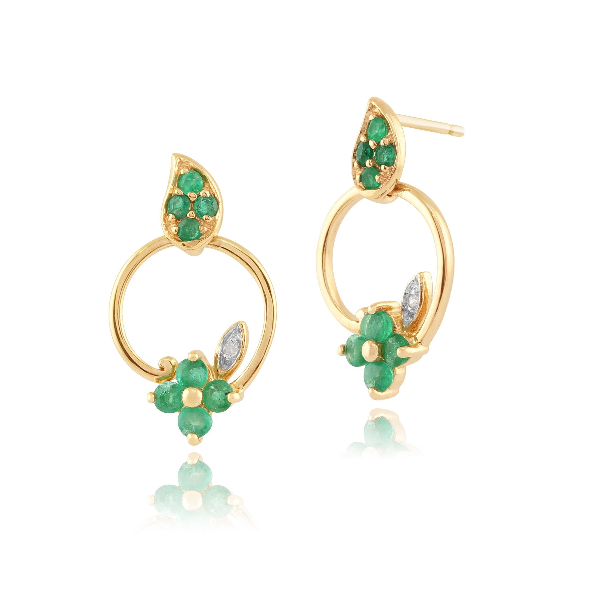 Floral Round Emerald & Diamond Drop Earrings in 9ct Yellow Gold