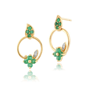Floral Round Emerald & Diamond Drop Earrings in 9ct Yellow Gold
