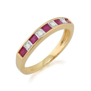Classic Square Ruby & Diamond Half Eternity Ring in 9ct Yellow Gold