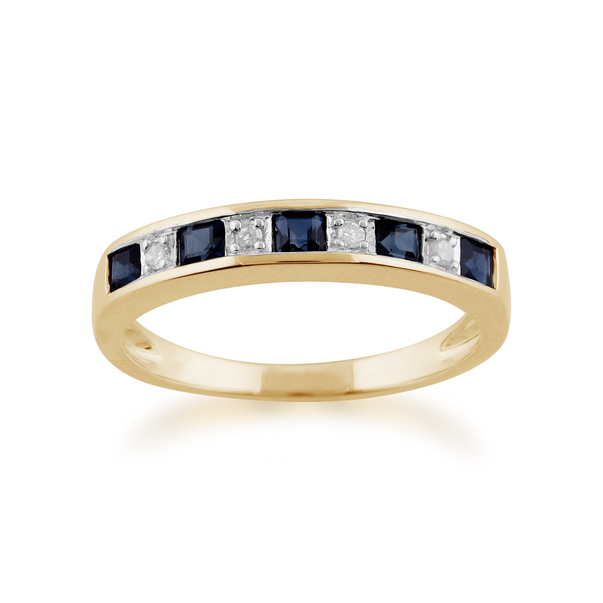 Classic Square Sapphire & Diamond Half Eternity Ring in Yellow 9ct Gold