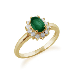 Classic Oval Emerald & Diamond Cluster Ring in 9ct Yellow Gold