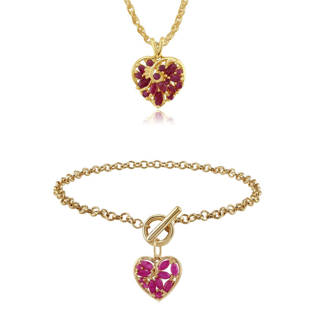 Bracciale con Charm e Ciondolo Classico a Cuore in Oro Giallo 375 con Rubino Marchesa
