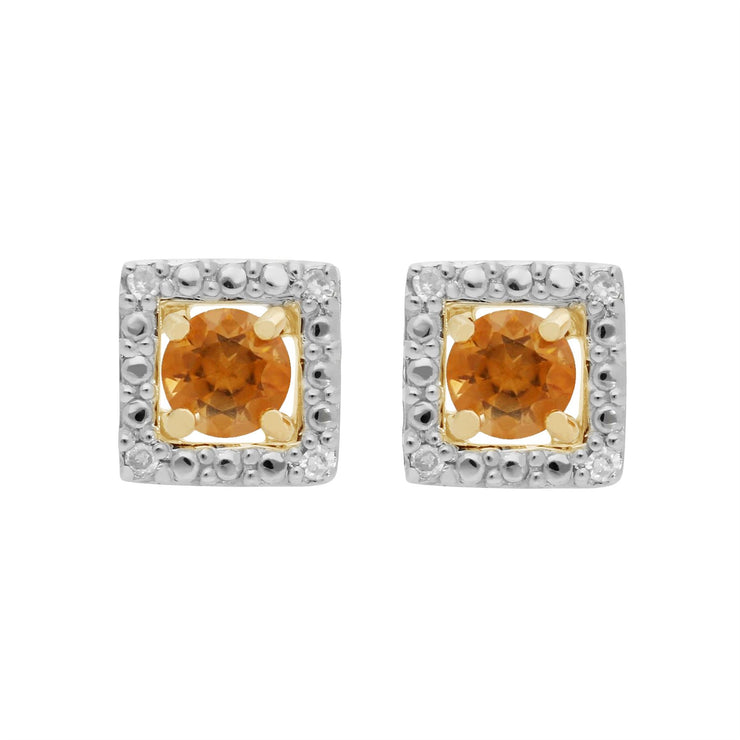 Orecchini a bottone classici con citrino in oro giallo 375 e rivestimento per l'orecchio con diamanti quadrati