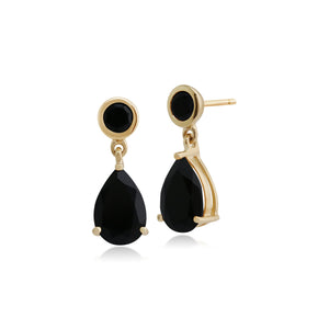 Classic Pear & Round Onyx Drop Earrings & Pendant Set in 9ct Yellow Gold