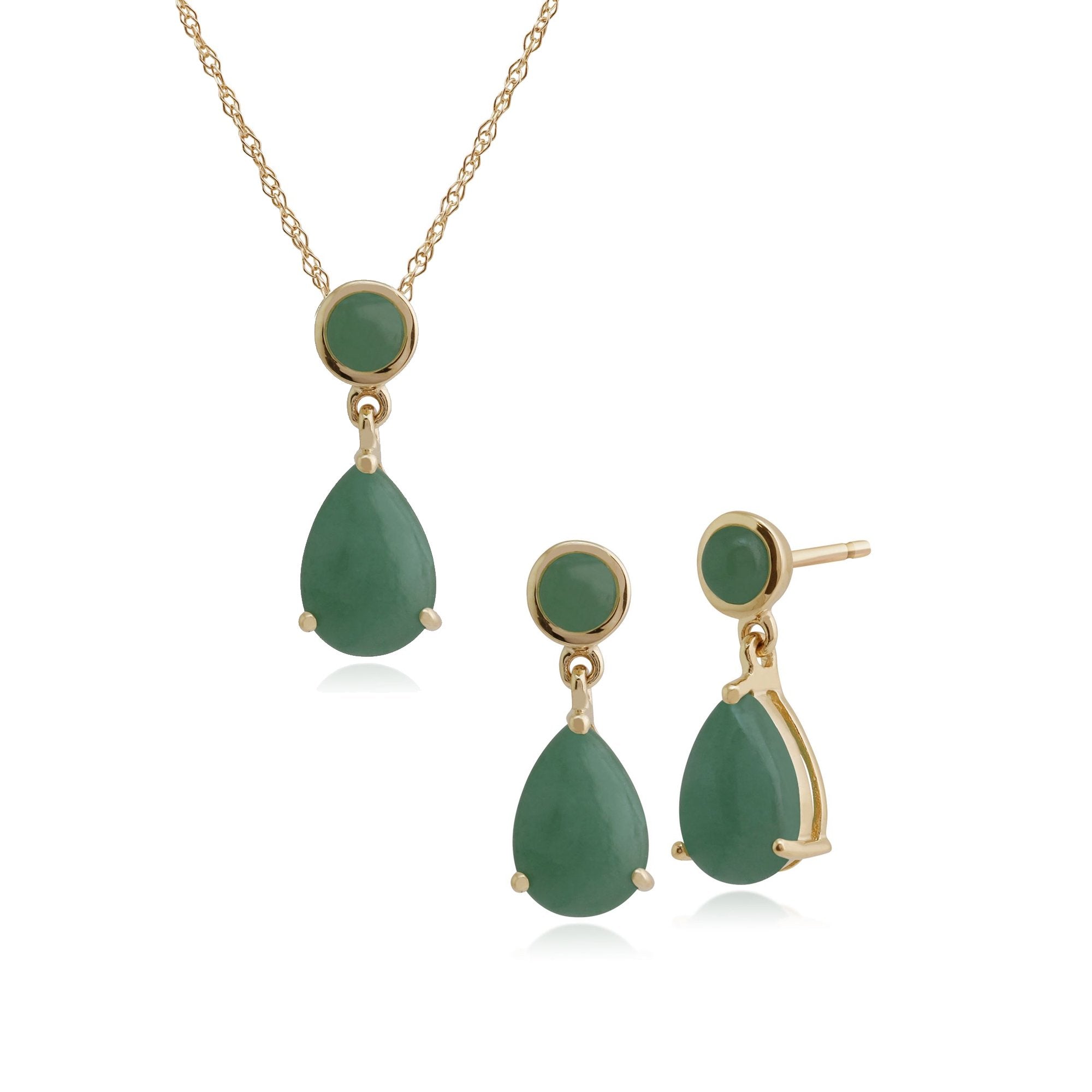 Classic Pear & Round Jade Drop Earrings & Pendant Set in 9ct Yellow Gold