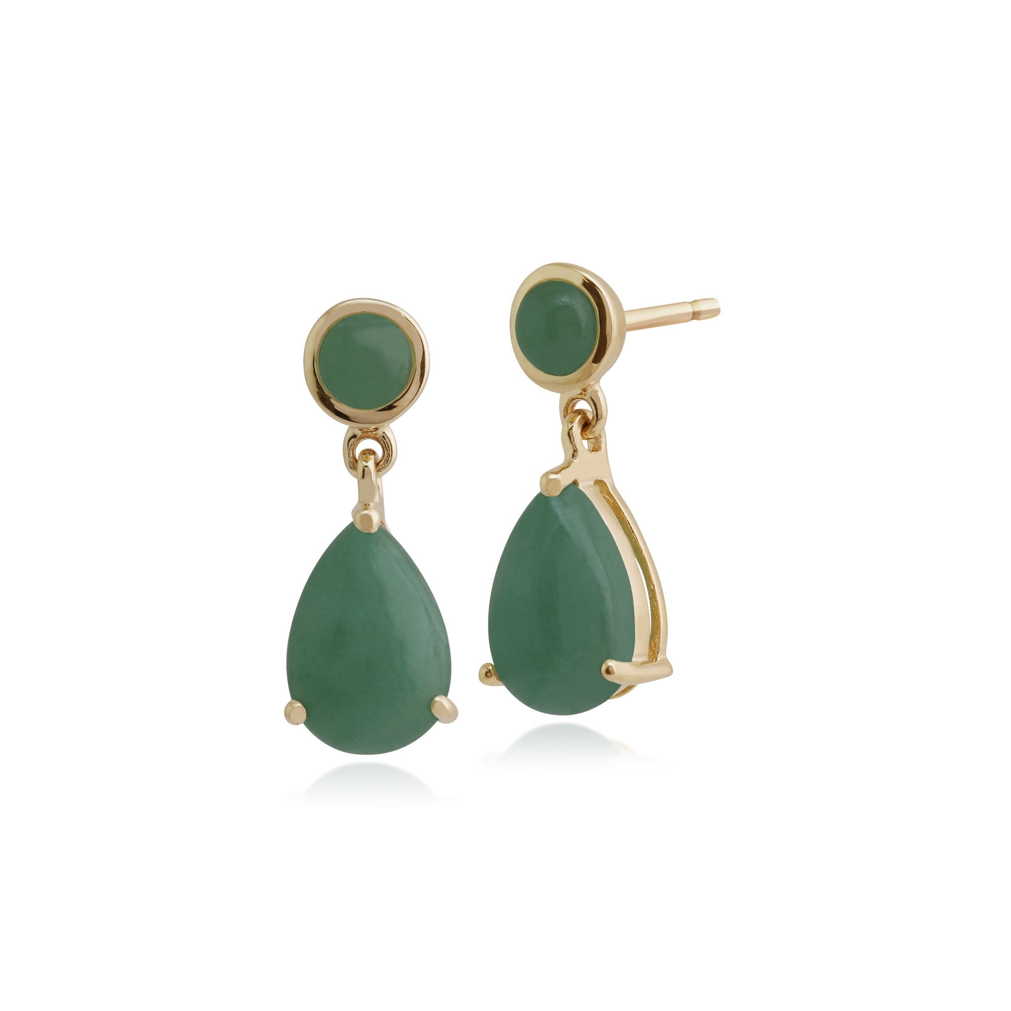 Classic Pear & Round Green Jade Drop Earrings in 9ct Yellow Gold
