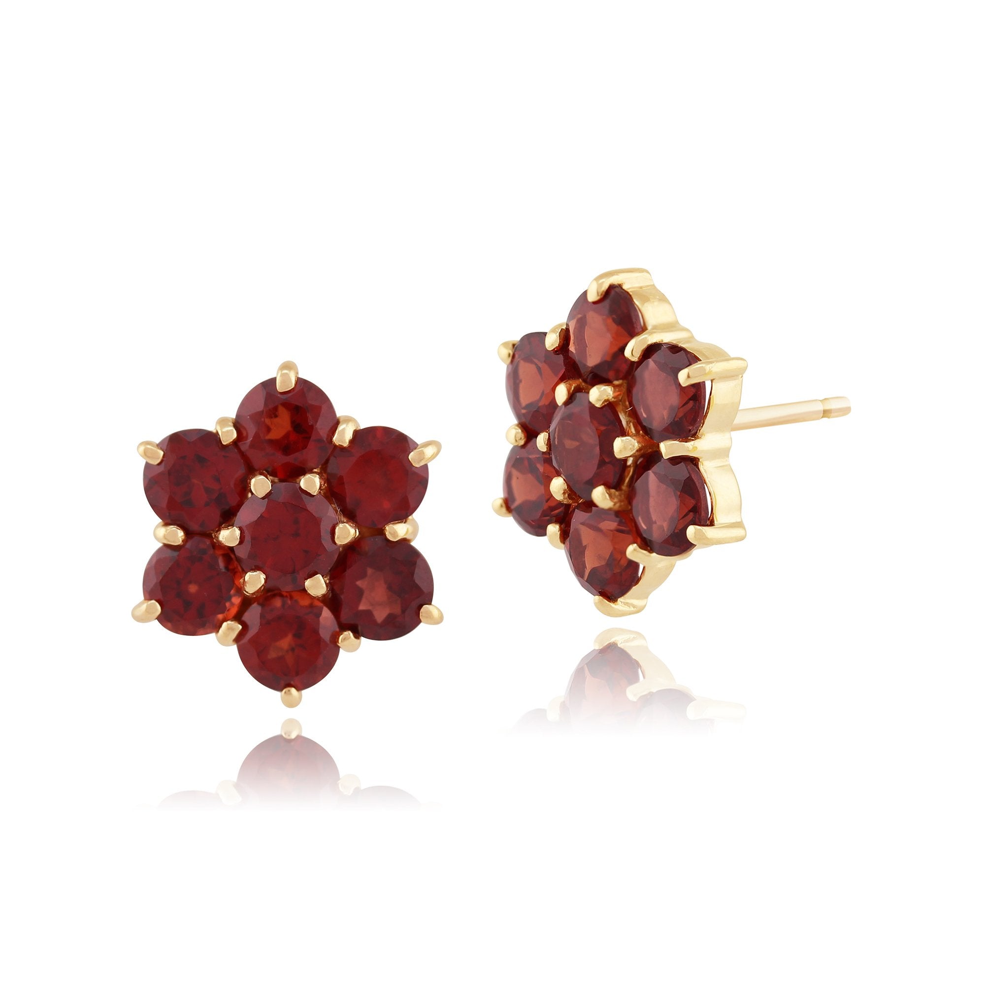 Floral Round Garnet Cluster Stud Earrings in 9ct Yellow Gold