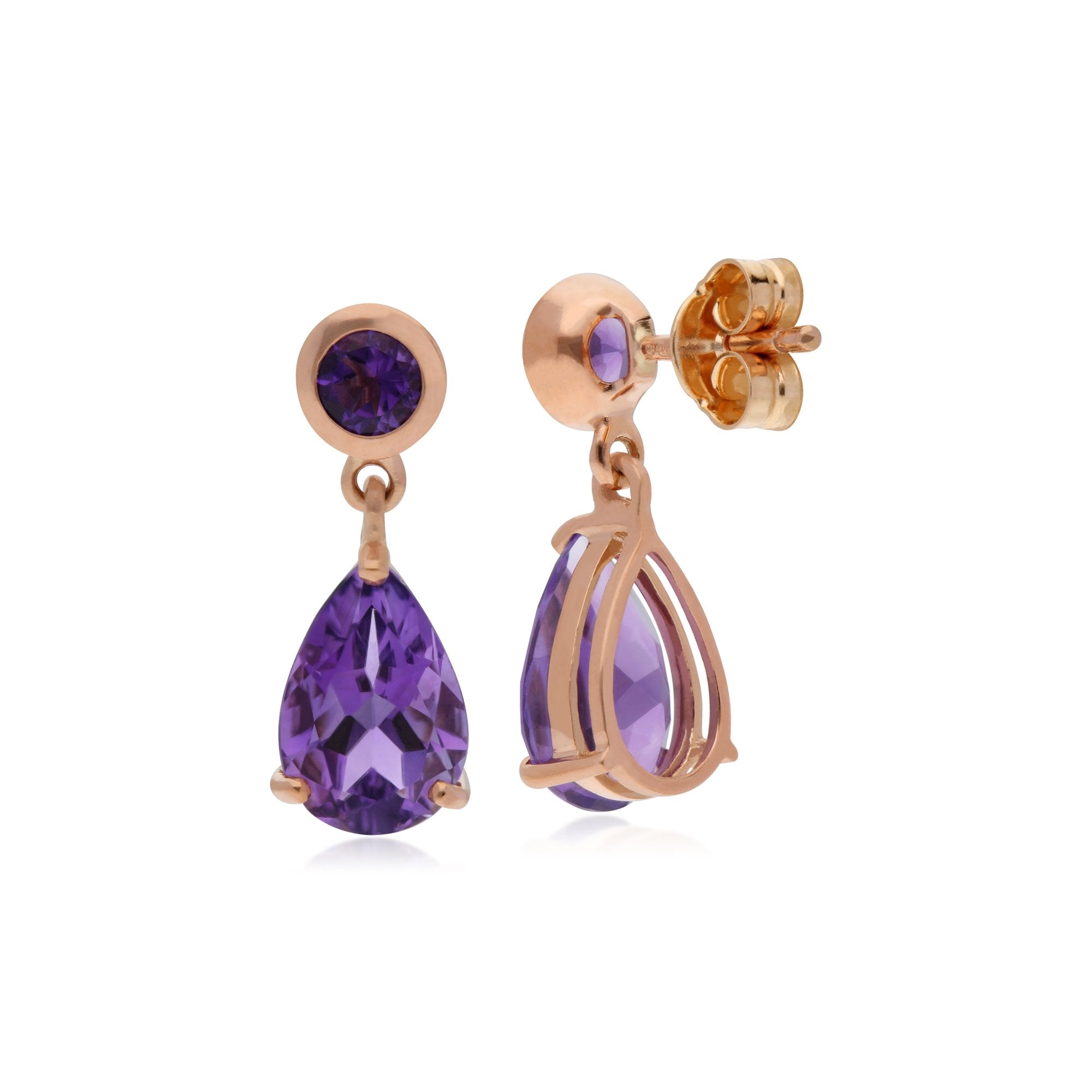 Classic Pear & Round Amethyst Drop Earrings in 9ct Rose Gold