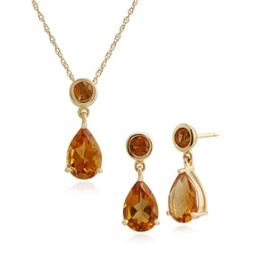 Classic Pear & Round Citrine Drop Earrings & Pendant Set in 9ct Yellow Gold