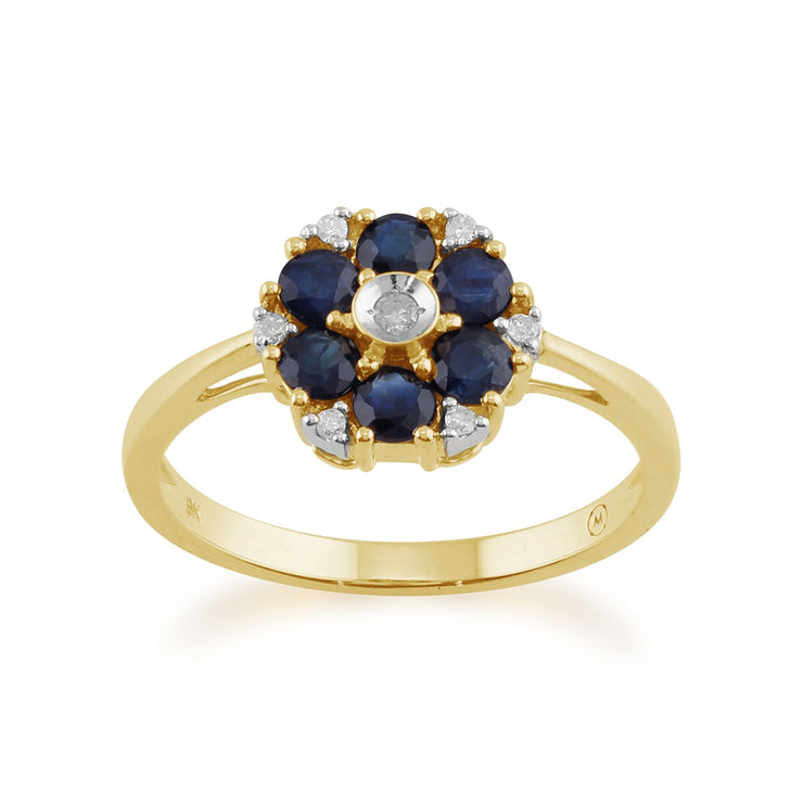 Gemondo Anello floreale in oro giallo da 9 ct con zaffiro blu da 0,78 ct e diamanti
