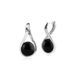Kosmos Round Ball Shaped Black Onyx Earrings in Rhodium Plated Sterling Silver