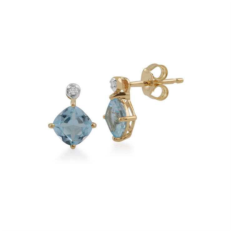 Classico pendente in oro giallo 375 e orecchini a bottone con topazio azzurro e diamante
