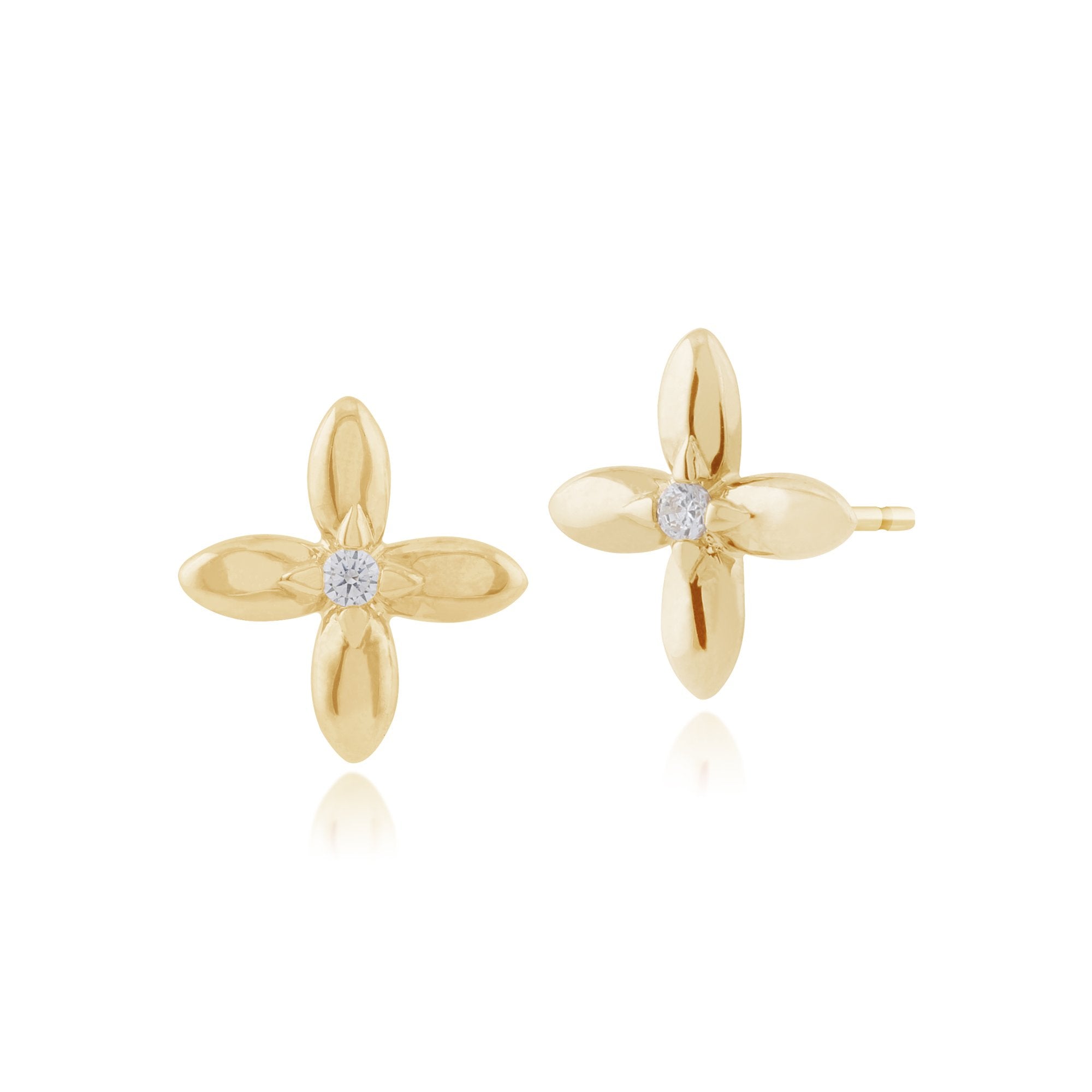 Floral Round Diamond Golden Flower Stud Earrings in 9ct Yellow Gold