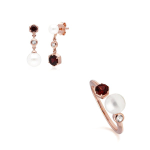 Modern Pearl, Garnet & Topaz Earring & Ring Set in Rose Gold Plated Sterling Silver