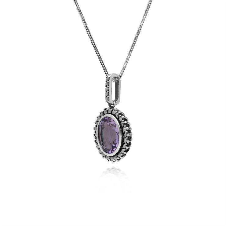 Collana con ametista, pendente ovale in argento sterling con ametista e marcasite con catena da 45 cm