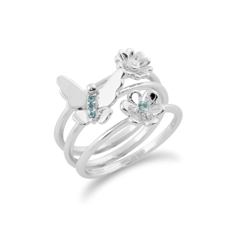 Set di tre anelli floreali impilabili in oro bianco 375 con topazio azzurro e farfalla e fiori di diamanti