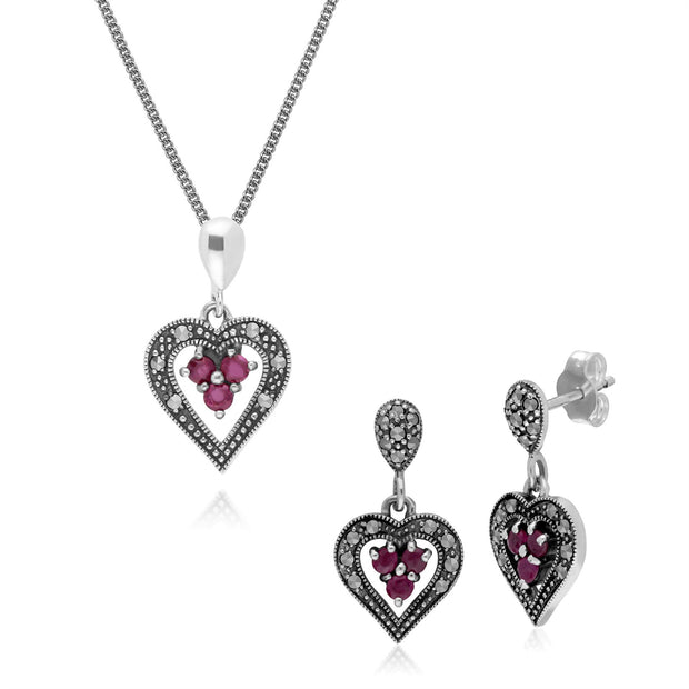 Orecchini a lobo e pendente a cuore in stile Art Nouveau in argento 925 con rubini e marcasite tonda