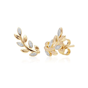 9ct Yellow Gold Olive Branch Leaf Diamond Pave Stud Earrings