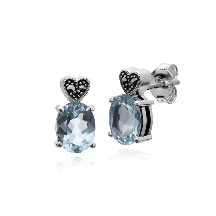 Orecchini con topazio, orecchini a bottone ovali in argento sterling con topazio blu e marcasite