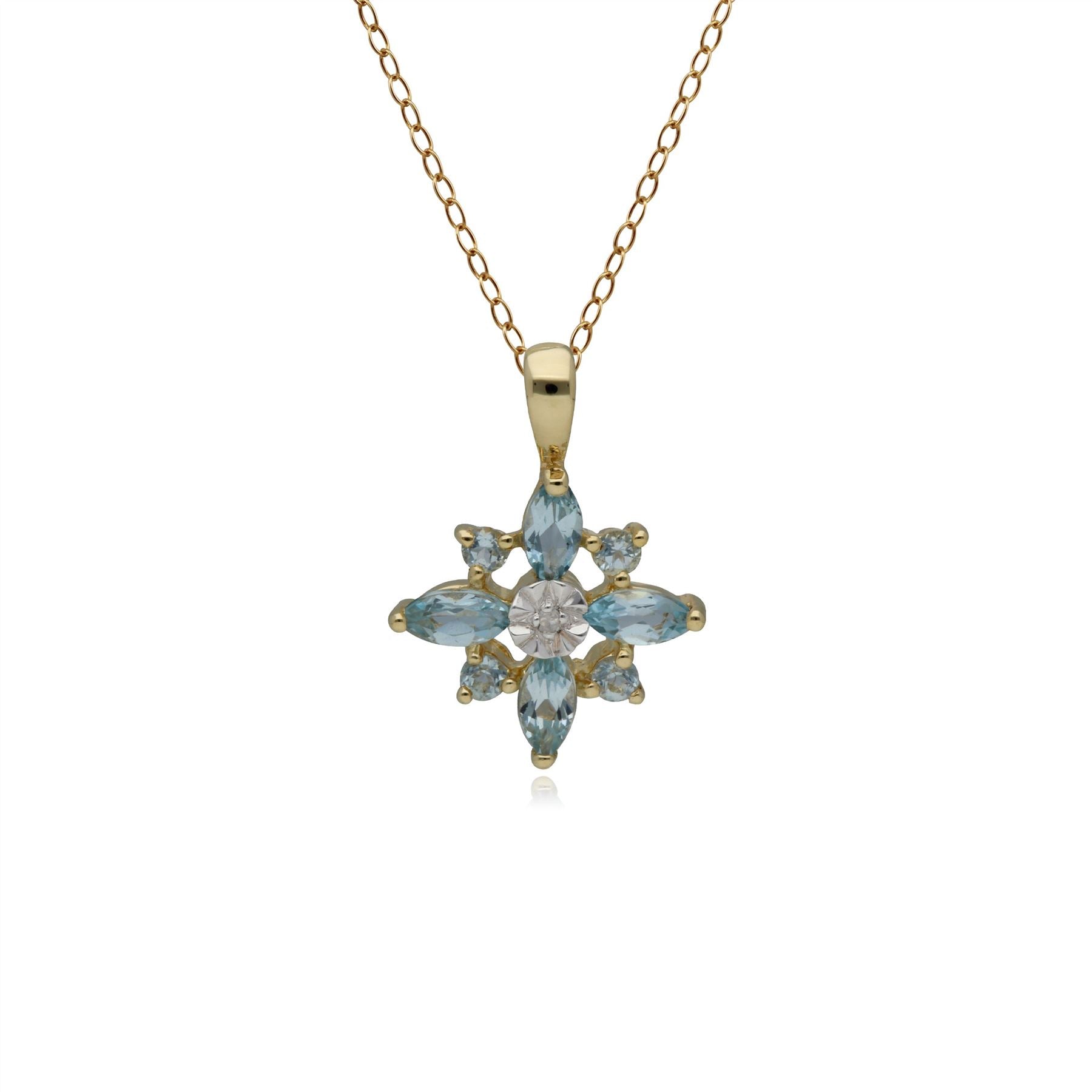 Classic Blue Topaz & Diamond Starburst Pendant in 9ct Yellow Gold