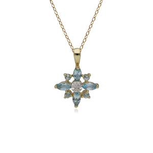 Classic Blue Topaz & Diamond Starburst Pendant in 9ct Yellow Gold
