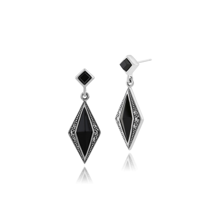 Collana e orecchini con pendente in stile Art Déco Argento 925 Onice nero e marcasite