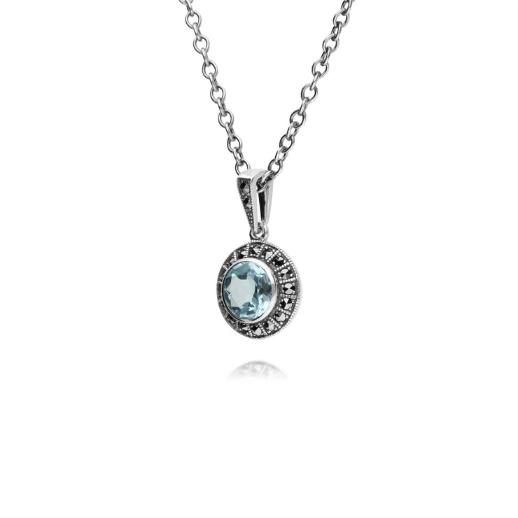 Collana da 45 cm con topazio azzurro rotondo in argento sterling e marcasite