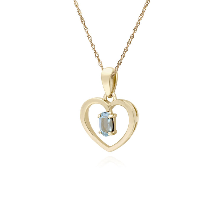 Ciondolo a cuore singolo con pietra ovale acquamarina in oro giallo da 9 ct su catena da 45 cm