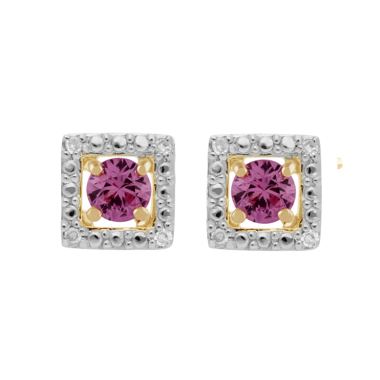 Orecchini classici con zaffiro rosa in oro giallo 375 e rivestimento auricolare quadrato con diamanti