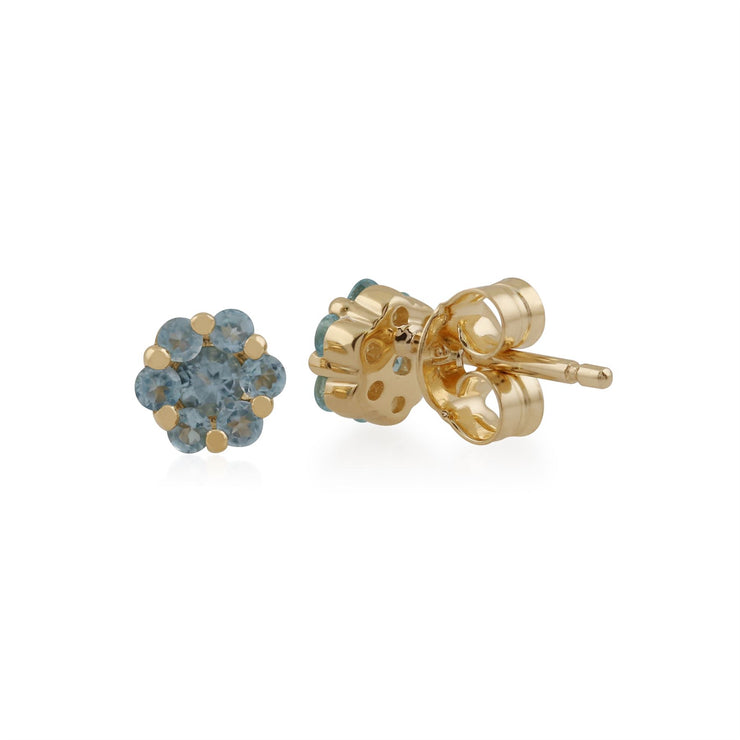 375 Orecchini a bottone floreali in oro giallo Stile a grappolo con topazio blu