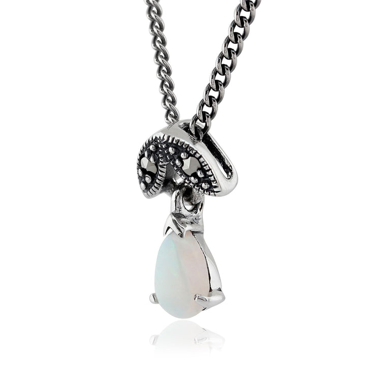 Ciondolo in stile Art Nouveau Argento 925 Opale Pera e Marcasite