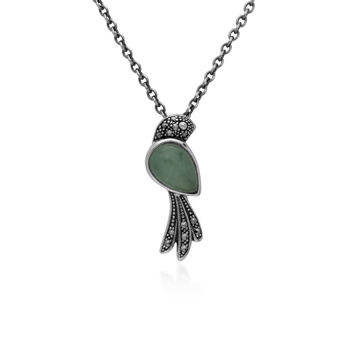 Collana con uccello in argento sterling con giada verde e marcasite
