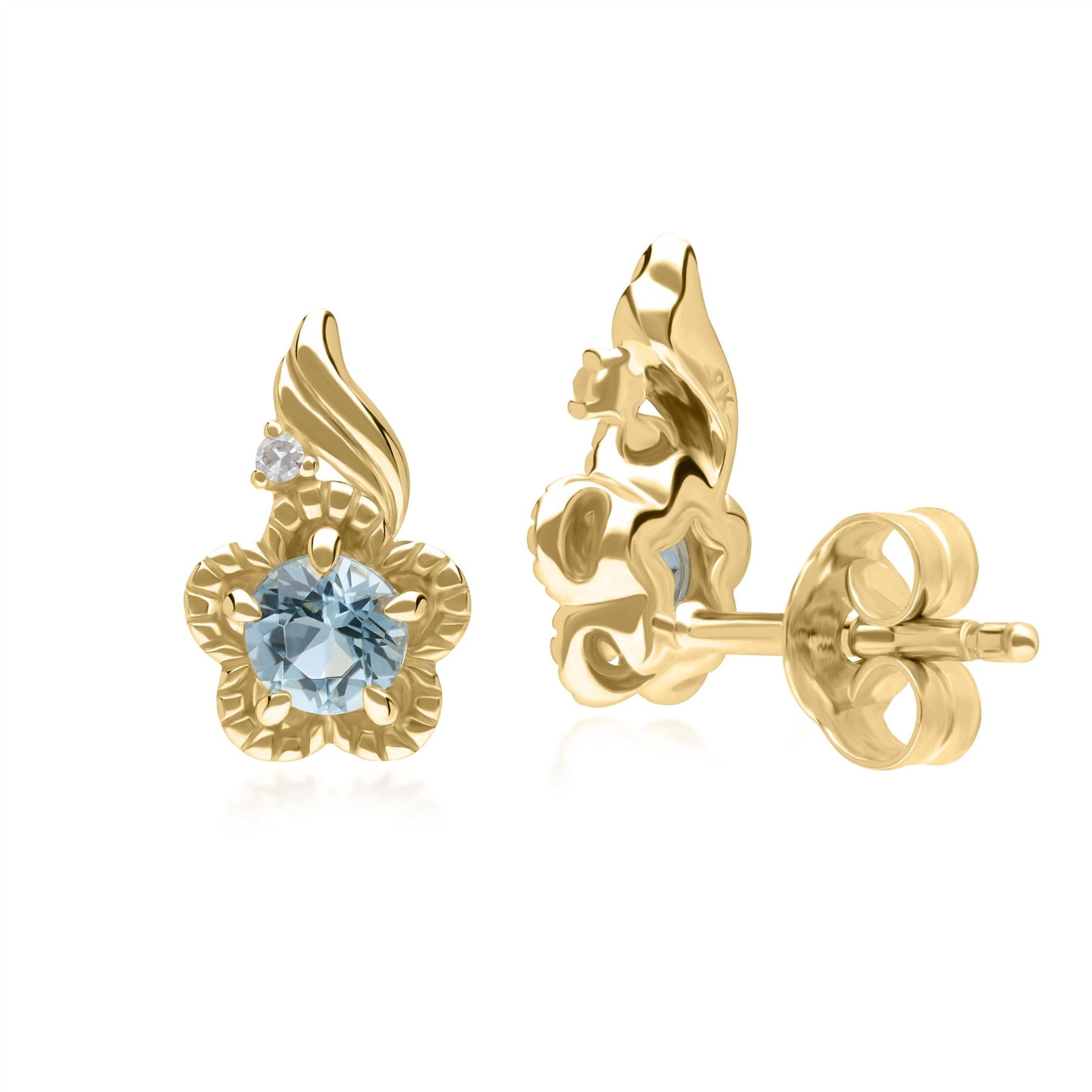 Floreale Orecchini con Topazio blu e Diamanti tondi in oro giallo da 9 ct