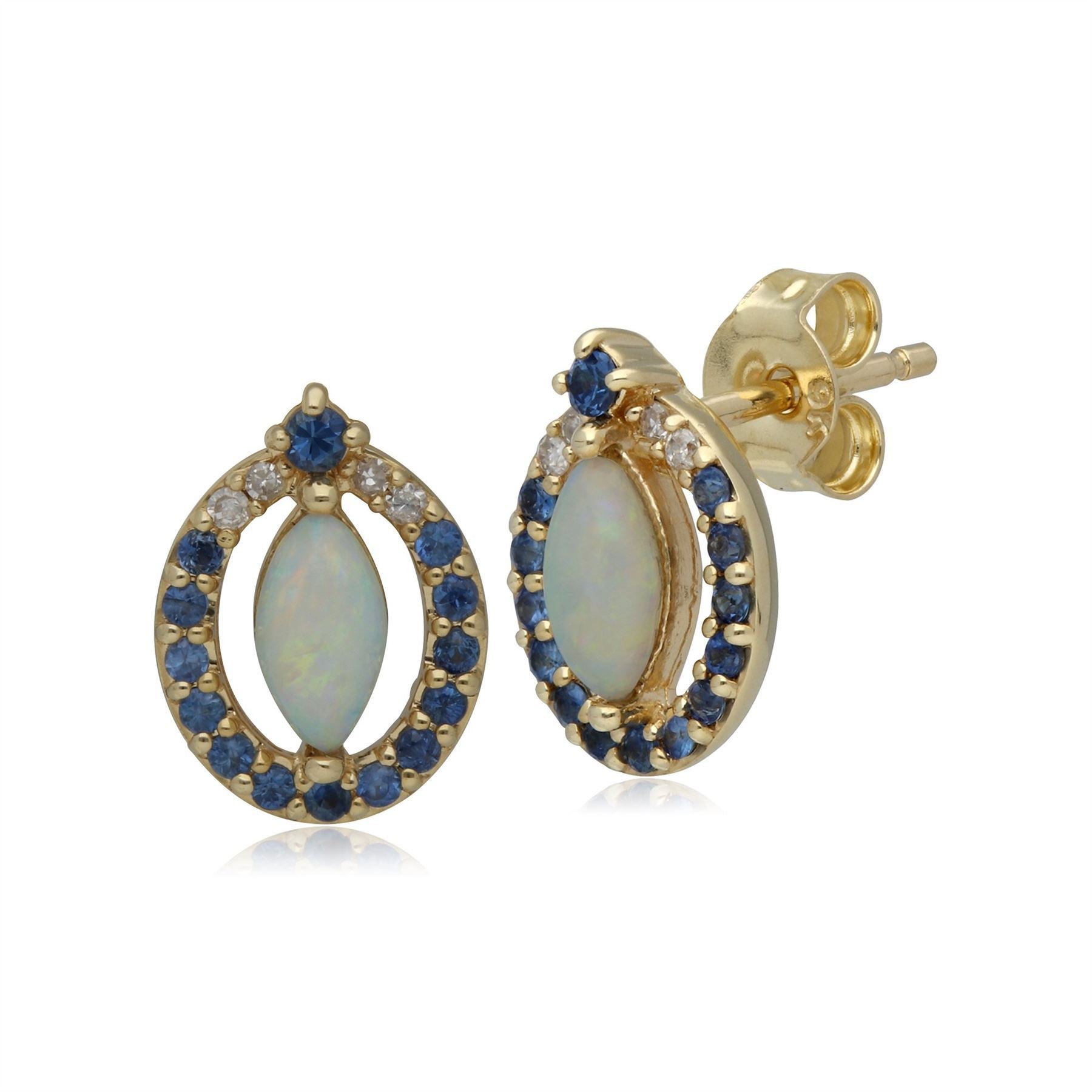 Classic Opal, Sapphire & Diamond Stud Earrings in 9ct Yellow Gold