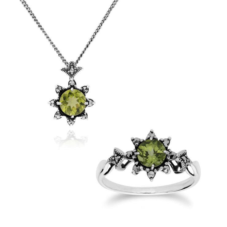 Anello e pendente Stella in stile Art Nouveau Argento 925 con peridoto e marcasite