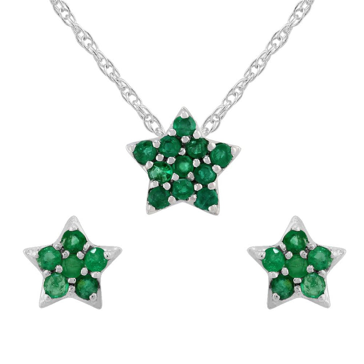 Ciondolo e orecchini a lobo con stella cluster di smeraldi in oro bianco 375