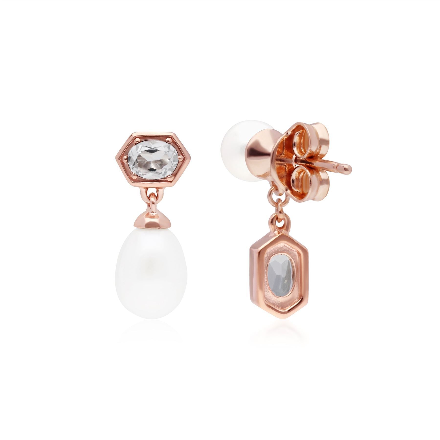 Modern Pearl & White Topaz Mismatched Drop Earrings in Rose Gold Plated Sterling Silver