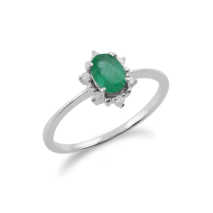 Anello Gemondo con smeraldo, anello a grappolo ovale in oro bianco da 9 ct con smeraldo da 0,47 ct e diamanti