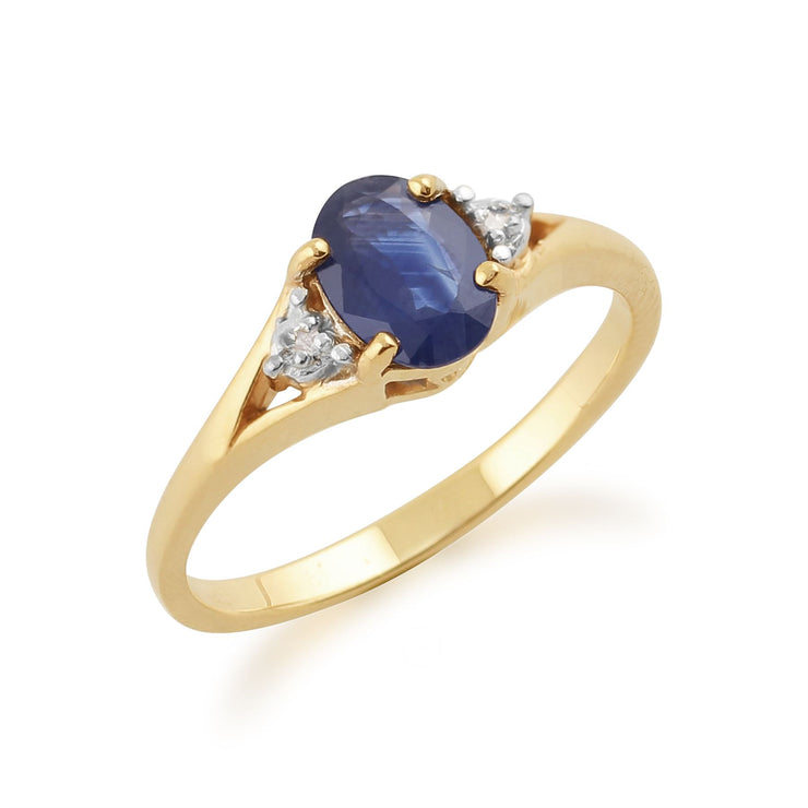 Classico anello ovale con zaffiro azzurro e diamanti in oro giallo da 9 ct
