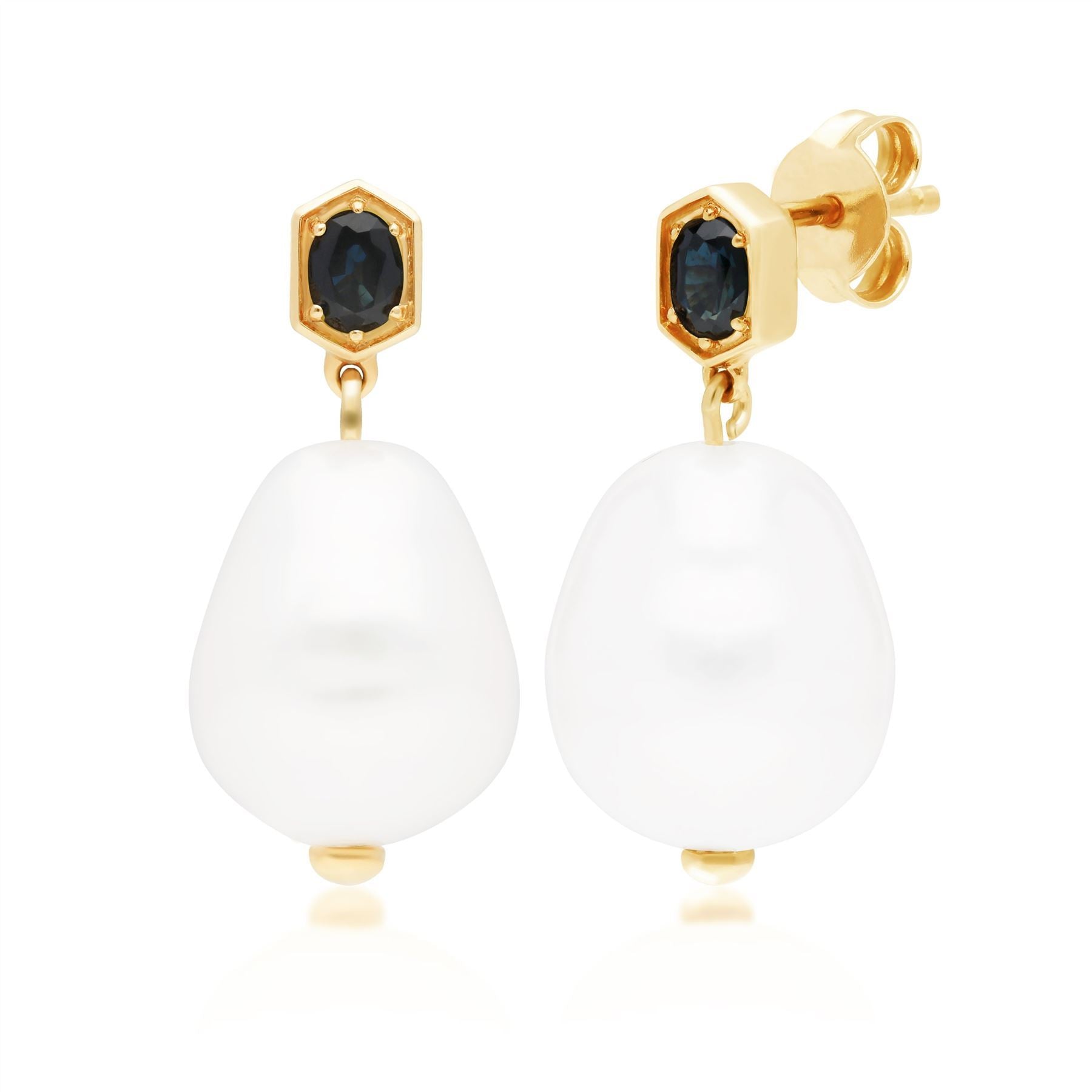 Modern Baroque Pearl & Sapphire Drop Earrings in Gold Plated Sterling Silver