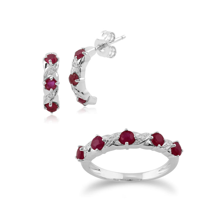 Anello Half Eternity e Orecchini Half Hoop in oro bianco 375, rubini e diamanti