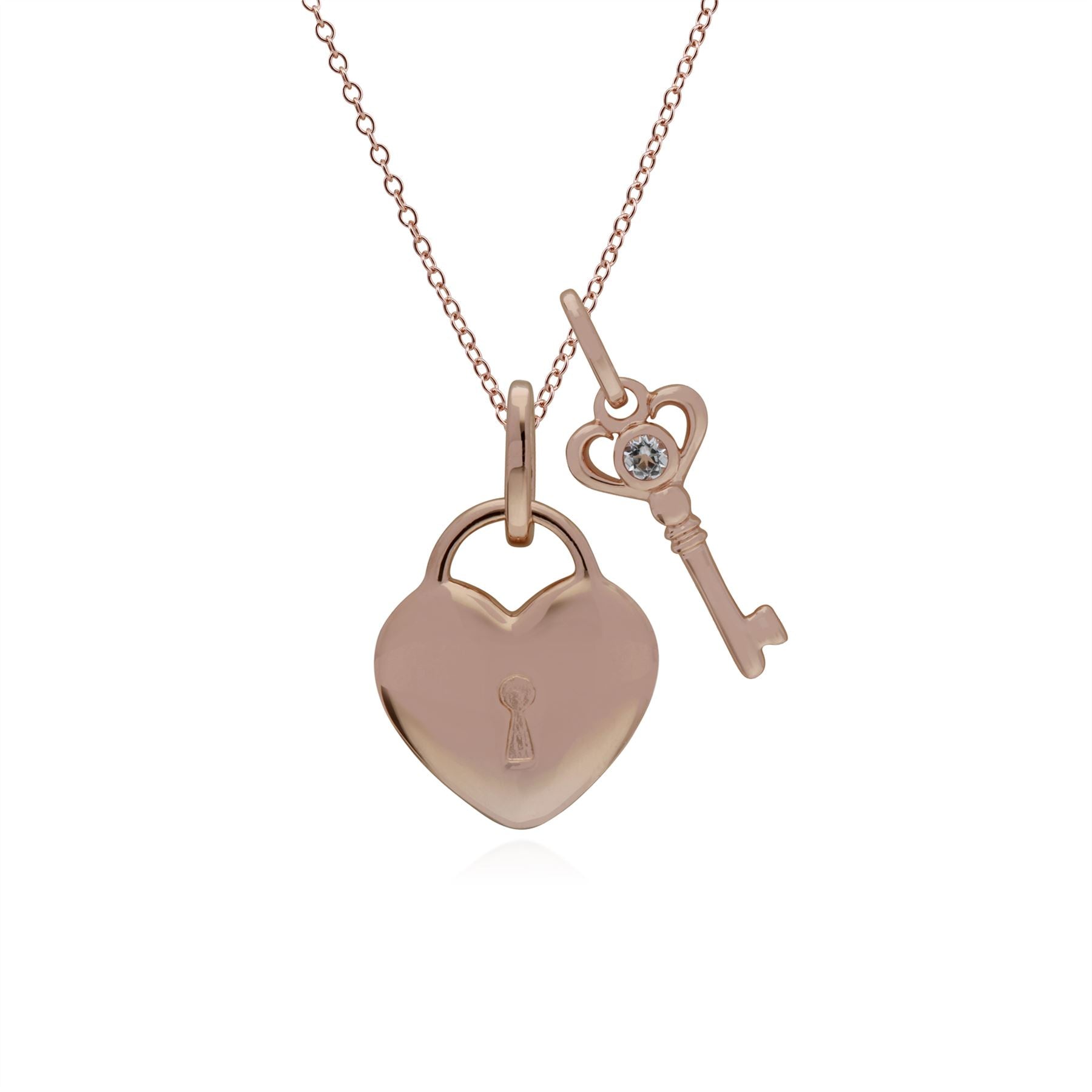 Ciondolo classico con lucchetto a cuore in argento 925 placcato oro rosa e ciondoli chiave con topazio bianco
