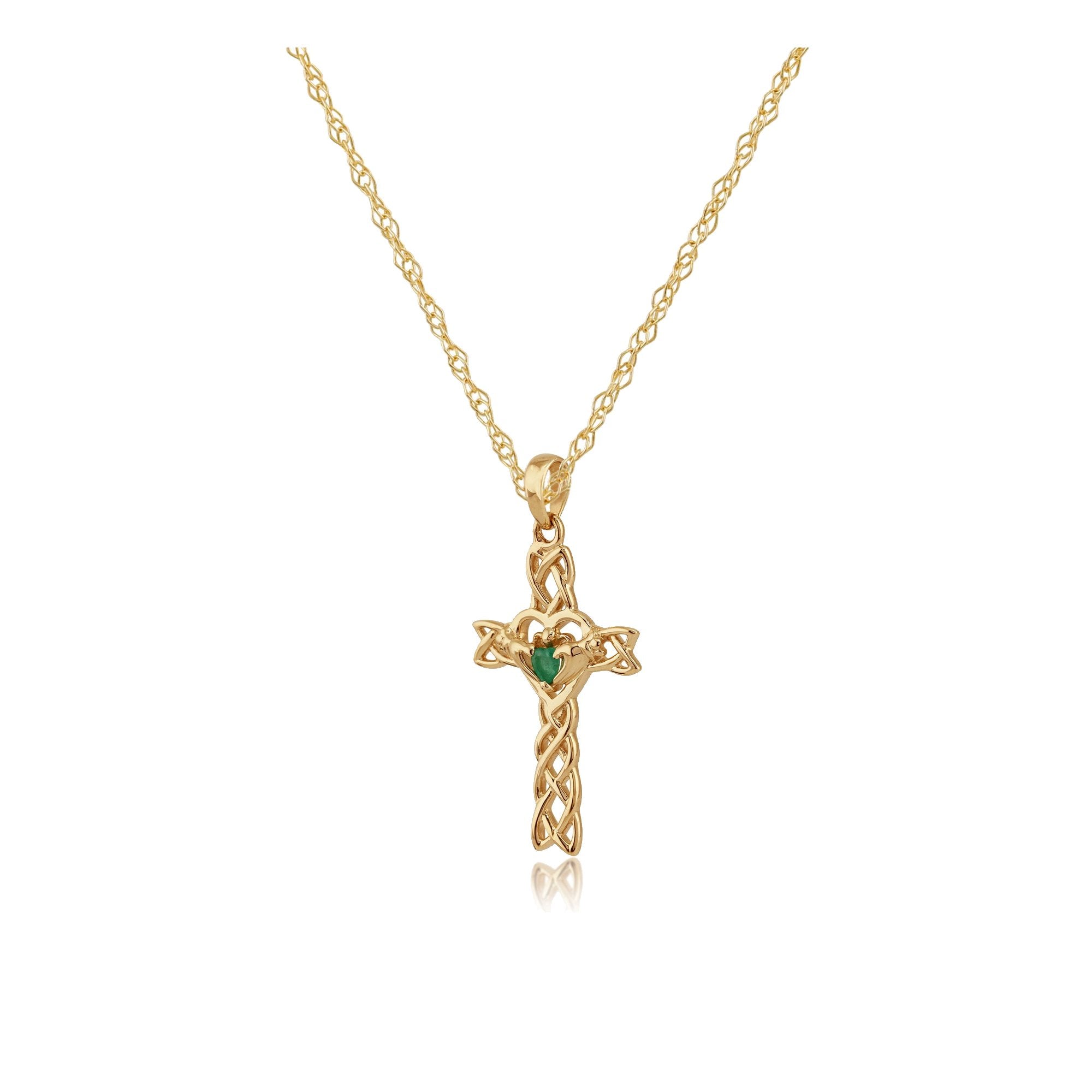 Classic Heart Emerald Claddagh Cross Pendant in 9ct Yellow Gold