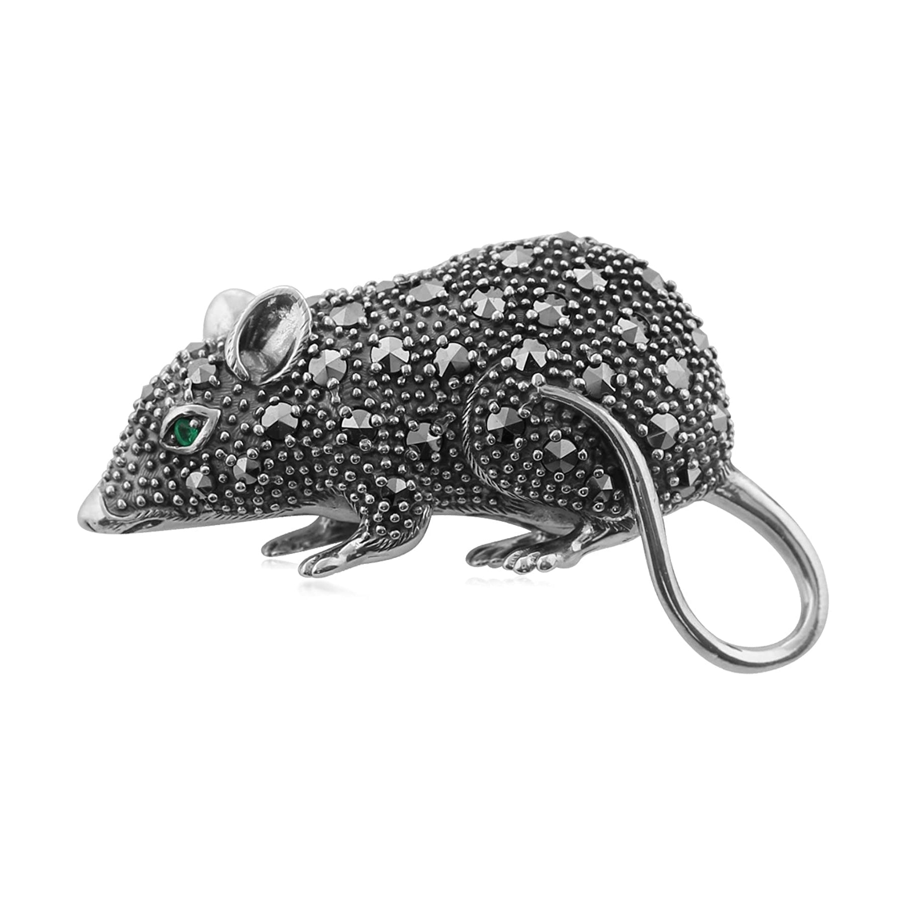 Marcasite & Emerald Mouse Brooch in 925 Sterling Silver