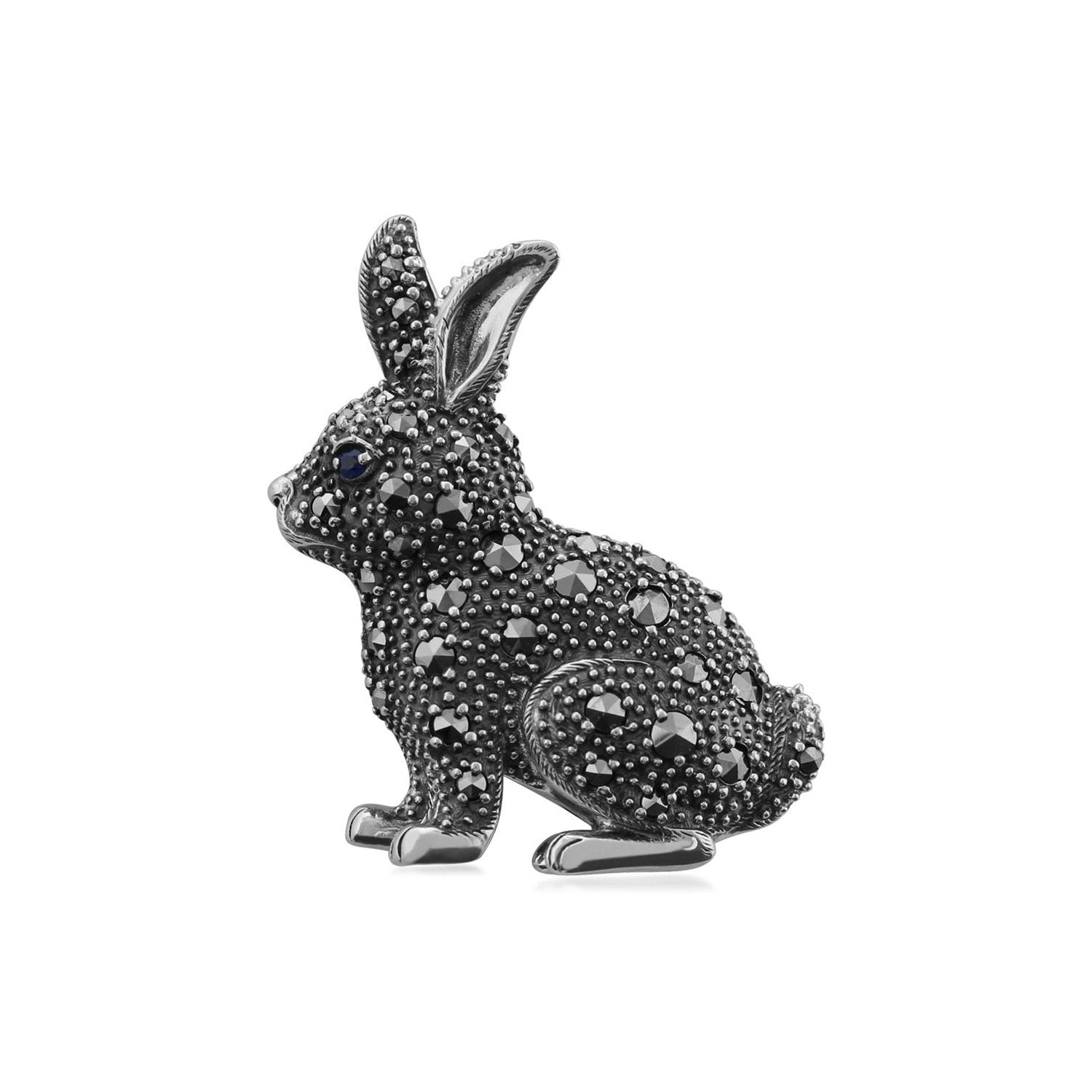 Marcasite & Sapphire Rabbit Brooch in 925 Sterling Silver