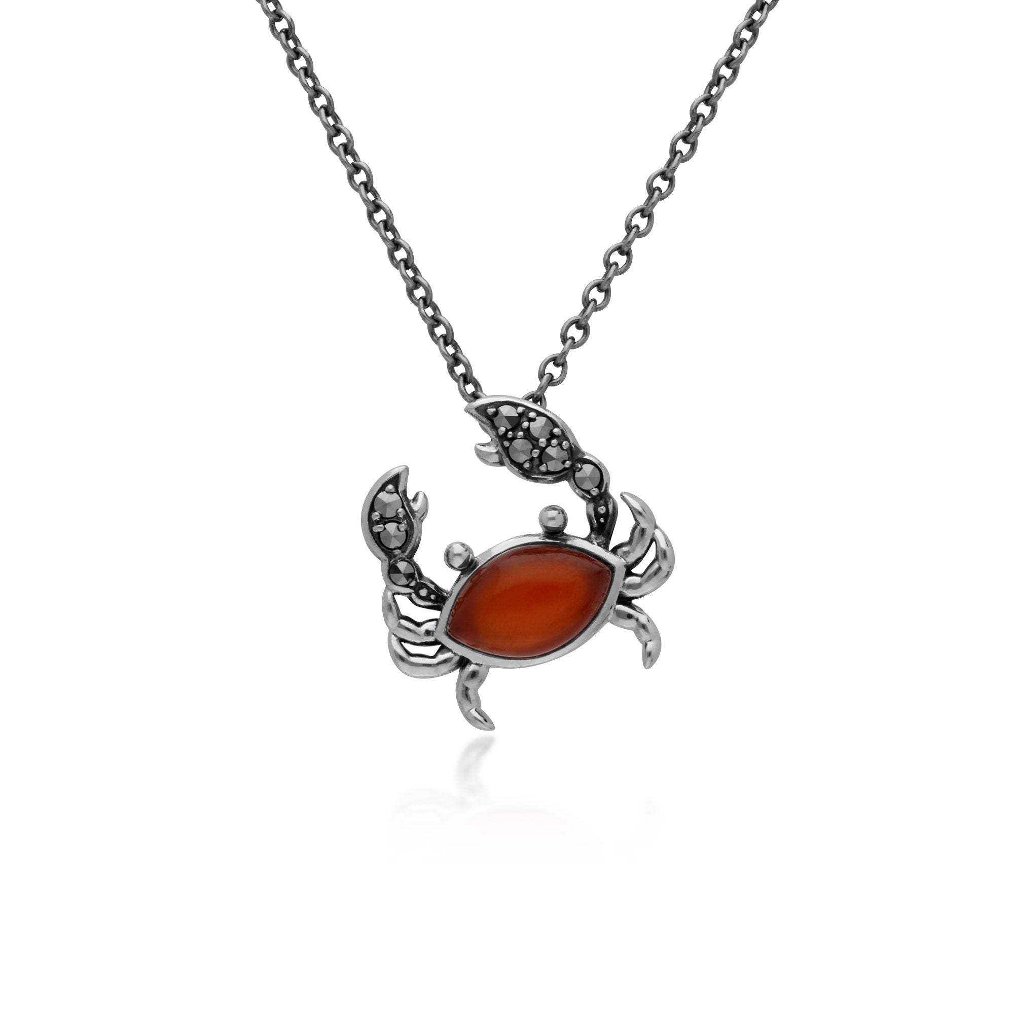 Red Dyed Carnelian &  Marcasite Crab In 925 Sterling Silver