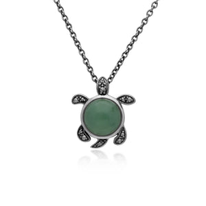 Green Jade & Marcasite Turtle Necklace in 925 Sterling Silver