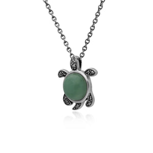 Green Jade & Marcasite Turtle Necklace in 925 Sterling Silver