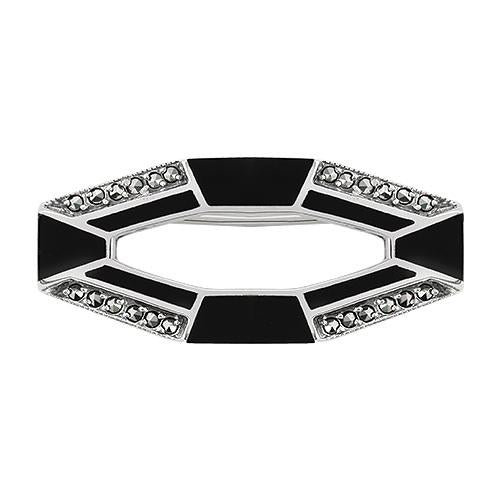 Art Deco Style Cabochon Black Onyx & Marcasite Brooch in 925 Sterling Silver
